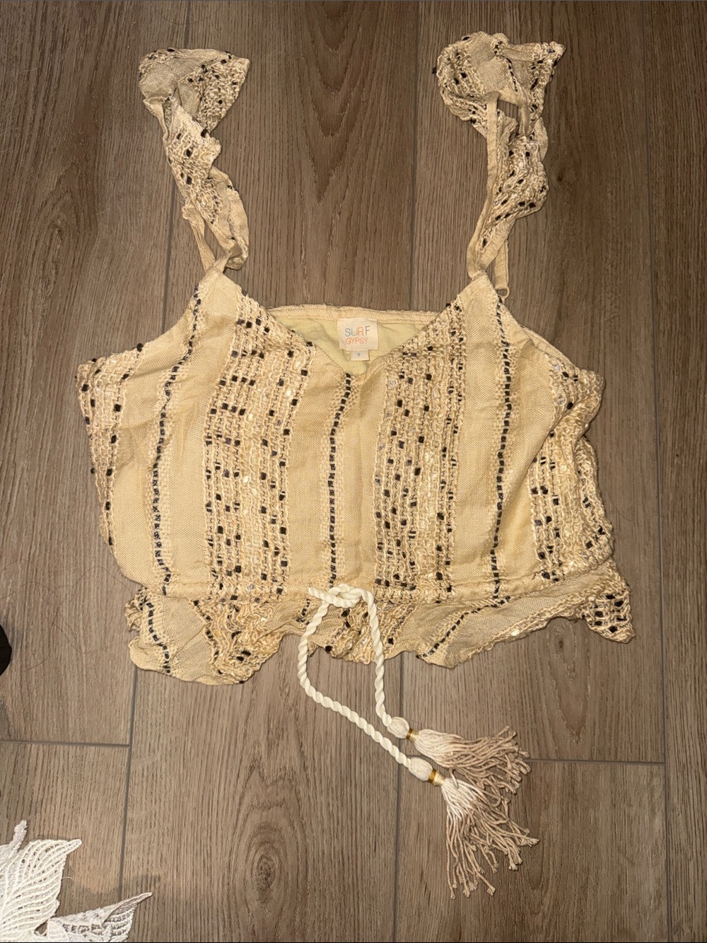 Surf Gypsy Cream Crochet Tie-Front Crop Top